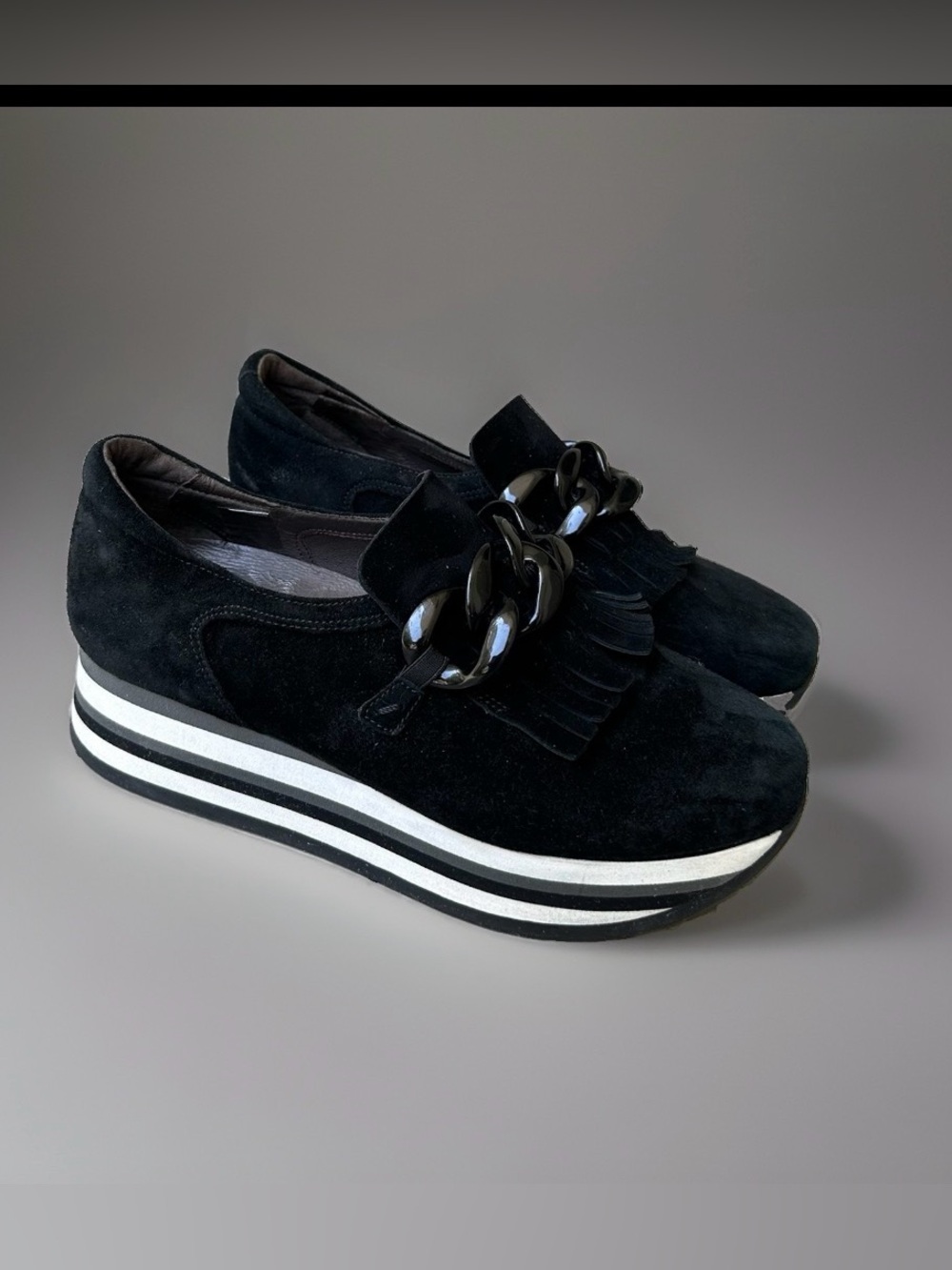 Softwaves Adaya Black Suede Platform Slip-On Sneakers with Chain Detail~EU38